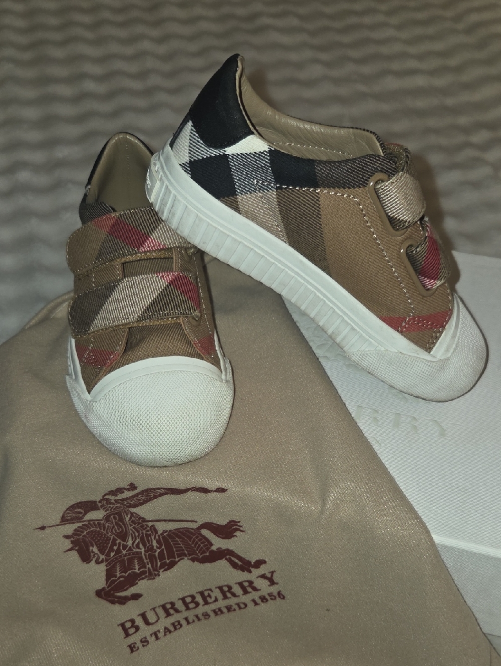 Burberry Kids Tan Plaid Velcro Sneakers with White Soles